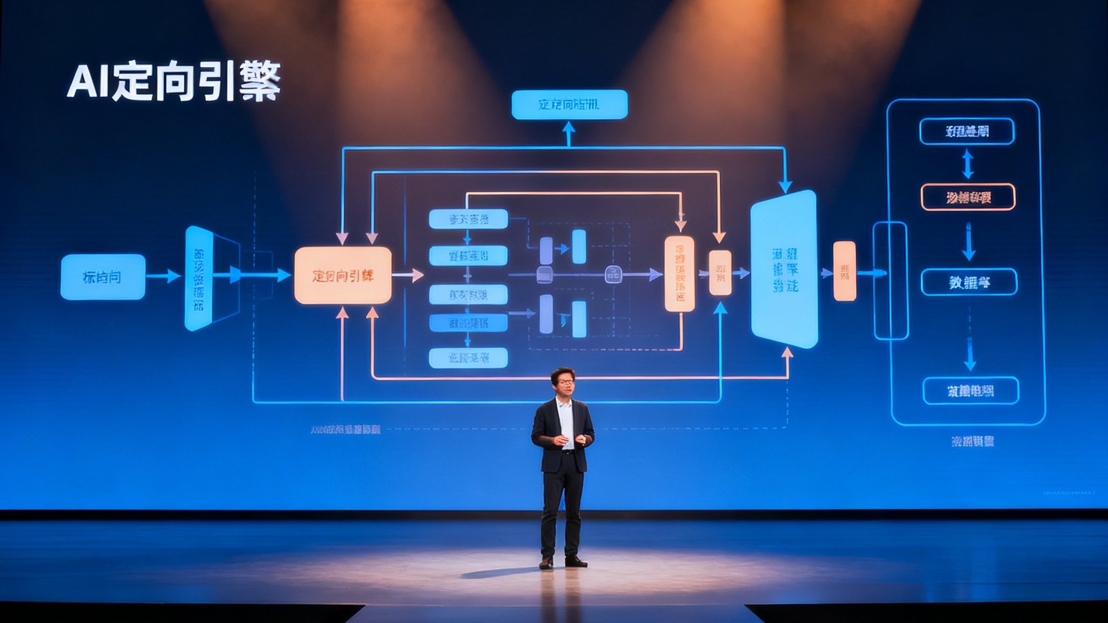 技术发布会上演讲者在舞台中央展示AI定向引擎架构图，背景大屏幕显示着复杂的数据流和算法模型示意