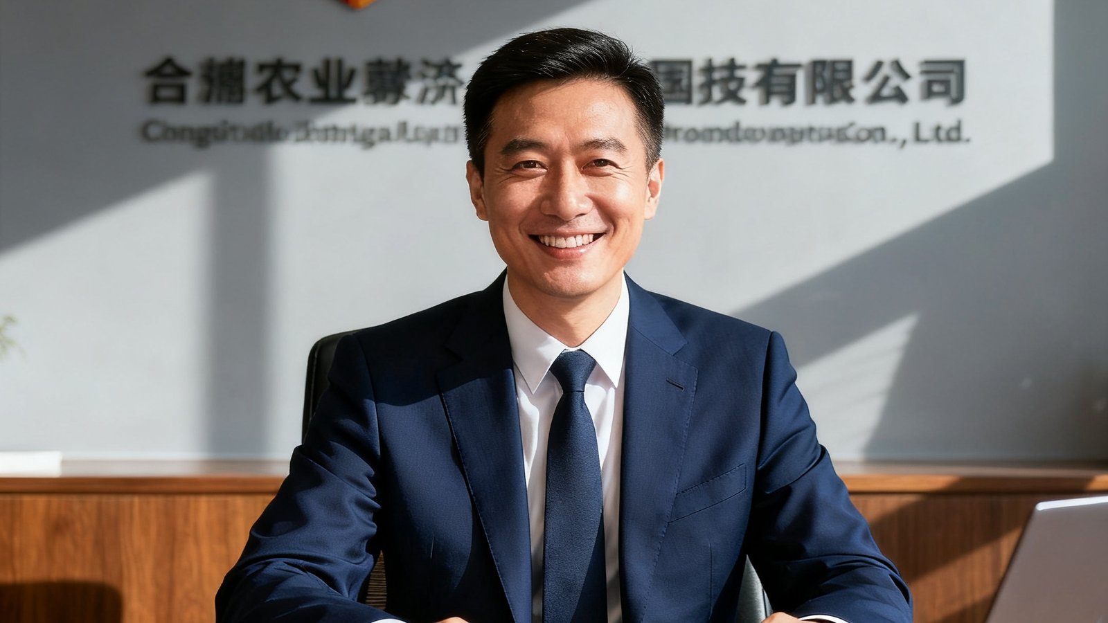 一位穿着深蓝色西装的男性品牌总监在办公桌前微笑，身后是公司品牌墙，表情自信专业