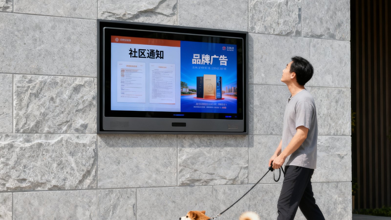 住宅社区入口处安装的壁挂式公告屏，屏幕嵌入浅灰色石材墙面，正在轮播社区通知与品牌广告，一位居民牵着宠物狗经过时抬头观看